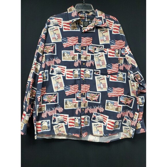 Cotton‎ Traders Sport Mens XXL Long Sleeve Button Up Shirt Flags President Vntg - Picture 1 of 6